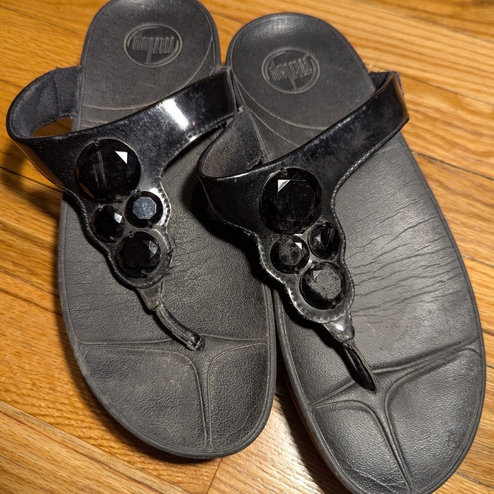 Fitflop Black Gem Embellished‎ Thong Sandals Comfort Walking Shoes